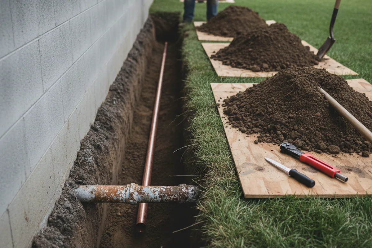 Excavated water line trench during Water Softener Installation in Liberal